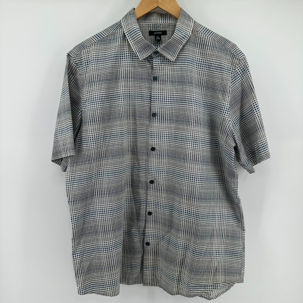 Alfani Button-Up Shirt Mens XL Gray Geometric Grid Print Short Sleeve Casual